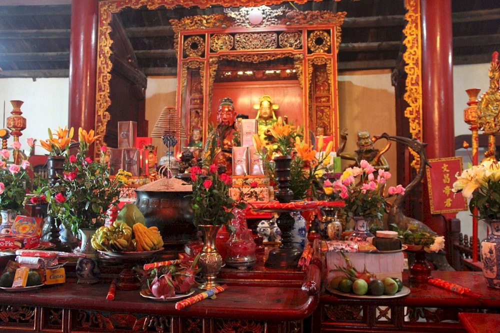 Solemn worship space inside Ngoc Son Temple